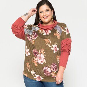 Plus Size Olive Floral Long Sleeve Turtle Neck Top